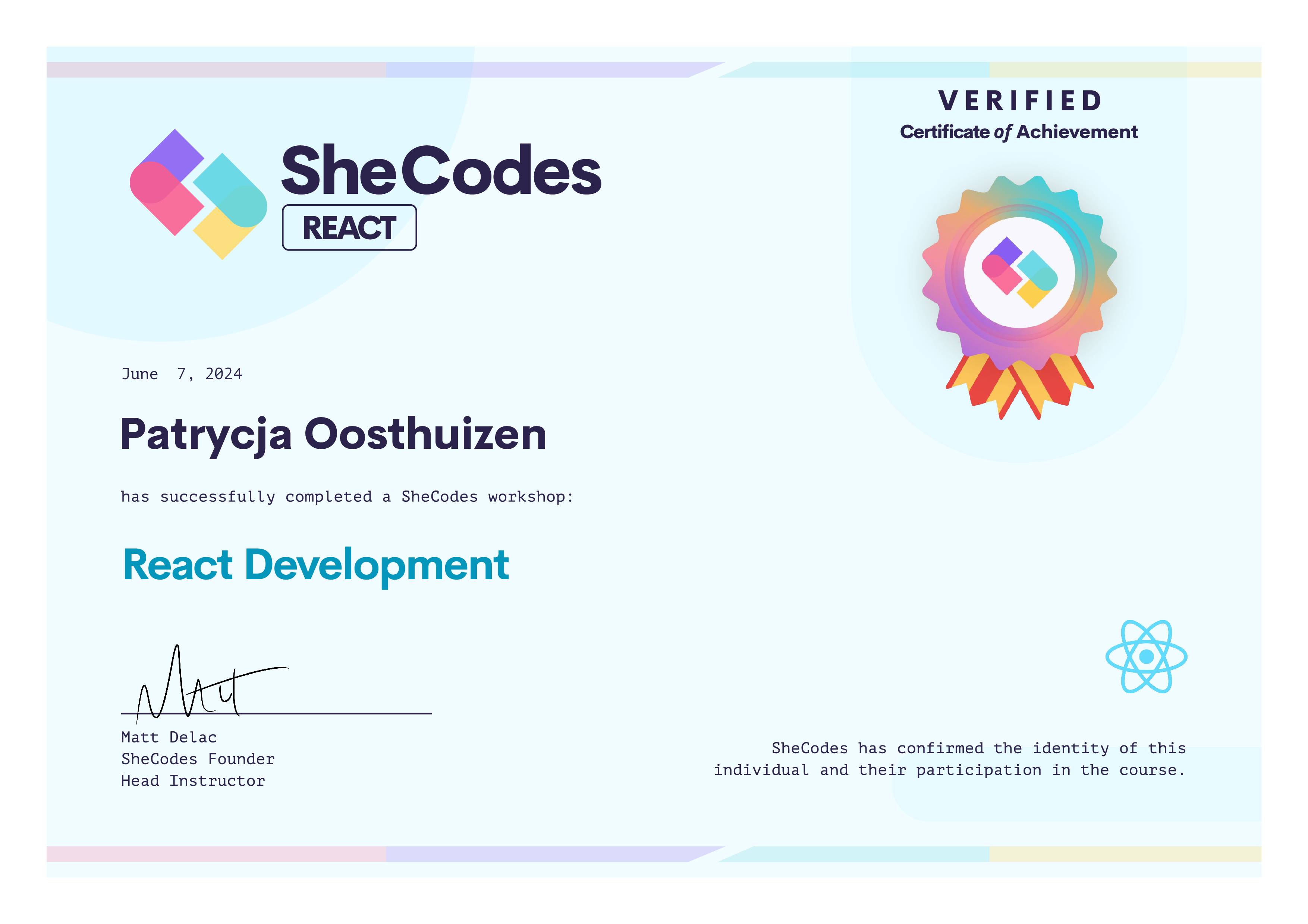 Patrycja's React certificate